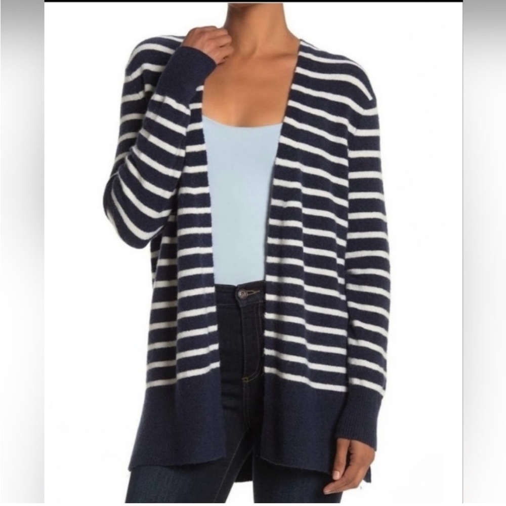 Madewell Open Cardigan Sweater Navy White Striped Merino Alpaca Wool Size Small